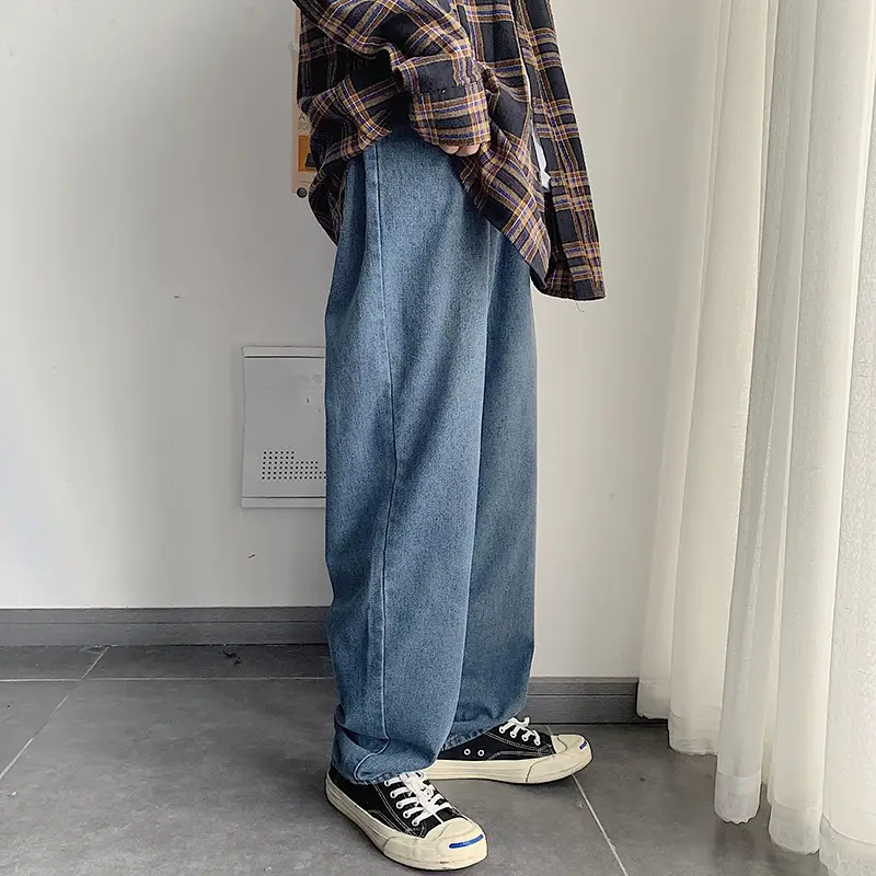 Men Wide Leg Blue Denim Pants Spring Autumn Loose Fit