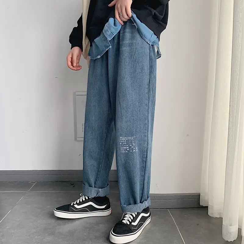 Men Wide Leg Blue Denim Pants Spring Autumn Loose Fit