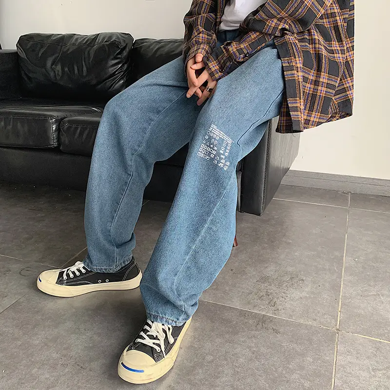 Men Wide Leg Blue Denim Pants Spring Autumn Loose Fit