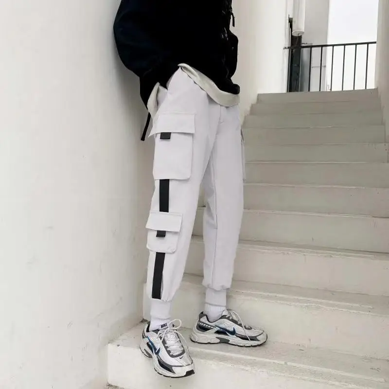 White Hip Hop Style Ankle-Tied Casual Pants for Men - Image 9