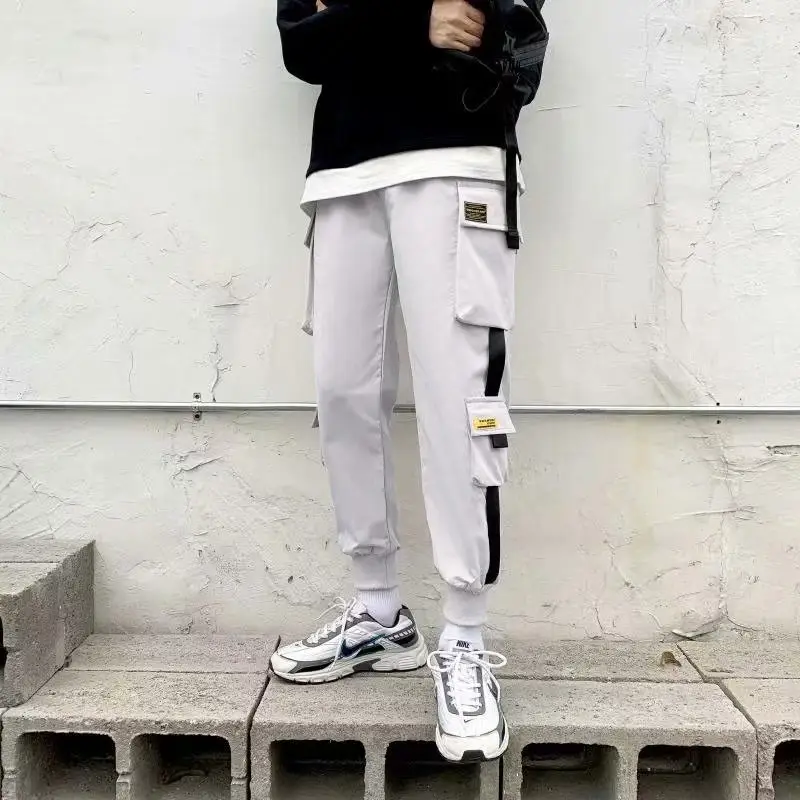 White Hip Hop Style Ankle-Tied Casual Pants for Men - Image 5