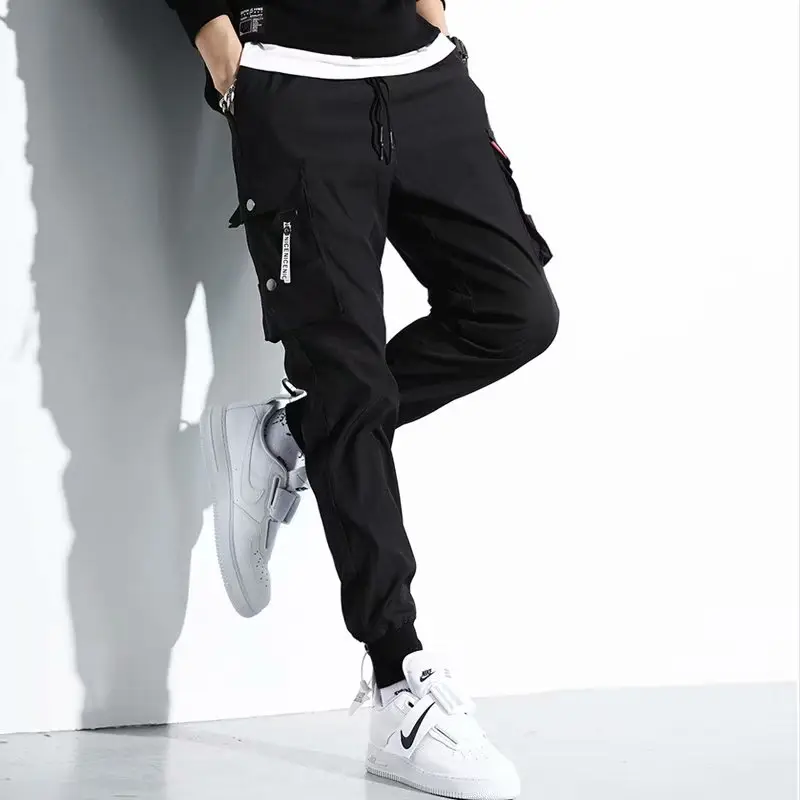 Men's Black Hidden Ankle-Tied Sports Pants Loose Straight