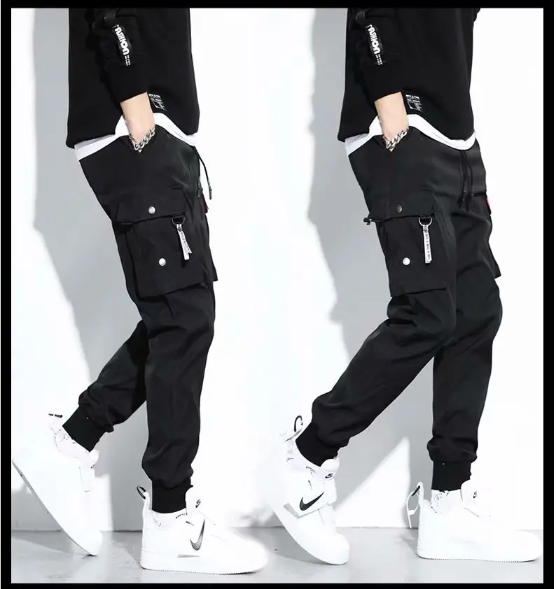 Men's Black Hidden Ankle-Tied Sports Pants Loose Straight