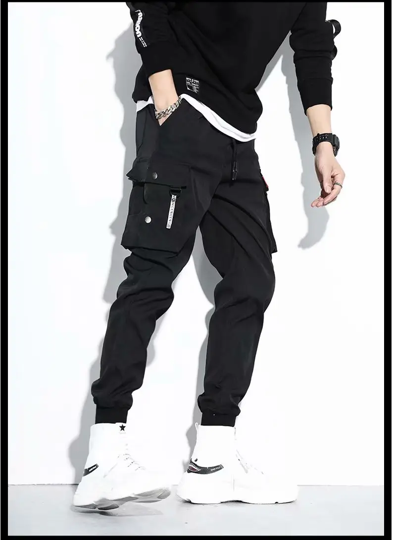 Men's Black Hidden Ankle-Tied Sports Pants Loose Straight