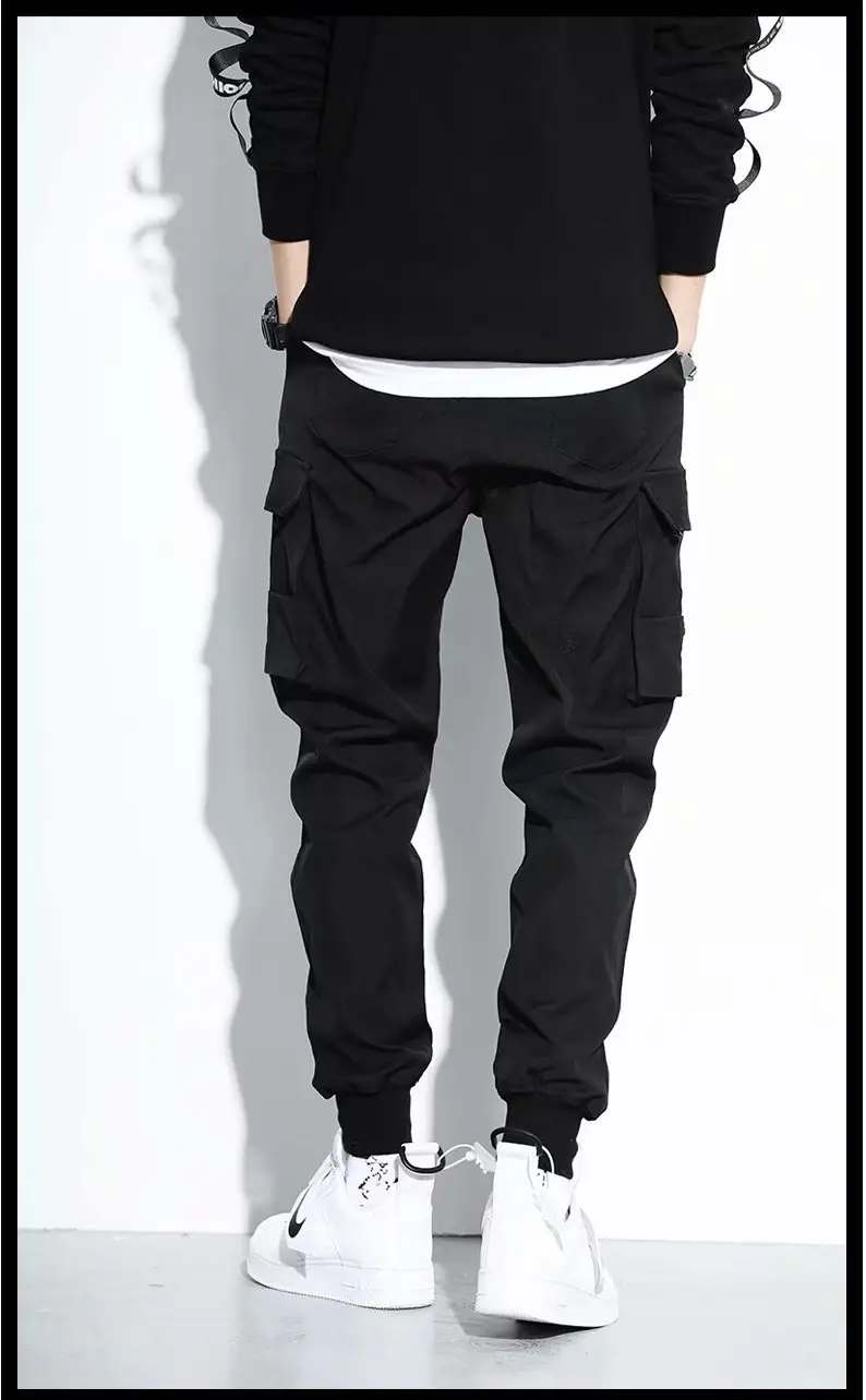 Men's Black Hidden Ankle-Tied Sports Pants Loose Straight