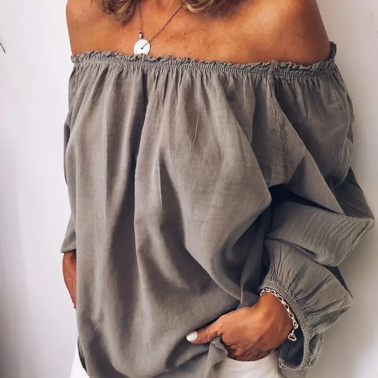 2026 Off-Shoulder Elastic Ruched Cotton-Linen Shirt Women - Image 10