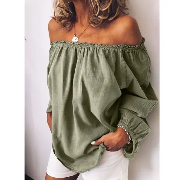 2026 Off-Shoulder Elastic Ruched Cotton-Linen Shirt Women - Image 12