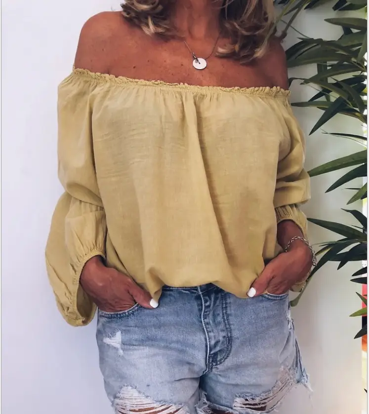 2026 Off-Shoulder Elastic Ruched Cotton-Linen Shirt Women - Image 5