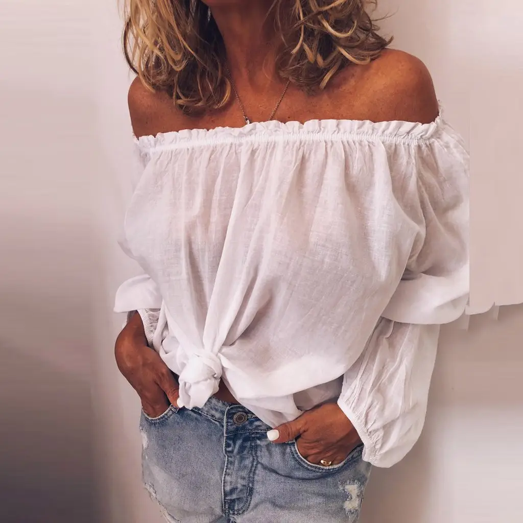 2026 Off-Shoulder Elastic Ruched Cotton-Linen Shirt Women - Image 6