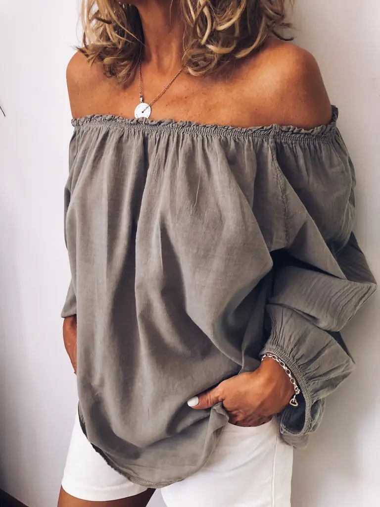 2026 Off-Shoulder Elastic Ruched Cotton-Linen Shirt Women - Image 2