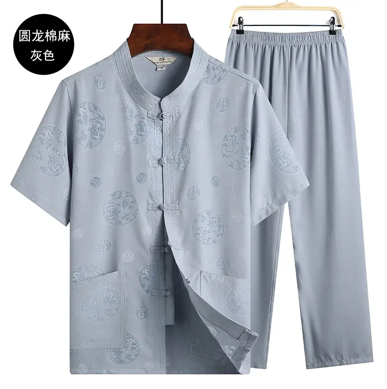 Men Linen Tang Suit Light Blue Retro Print — feature 8