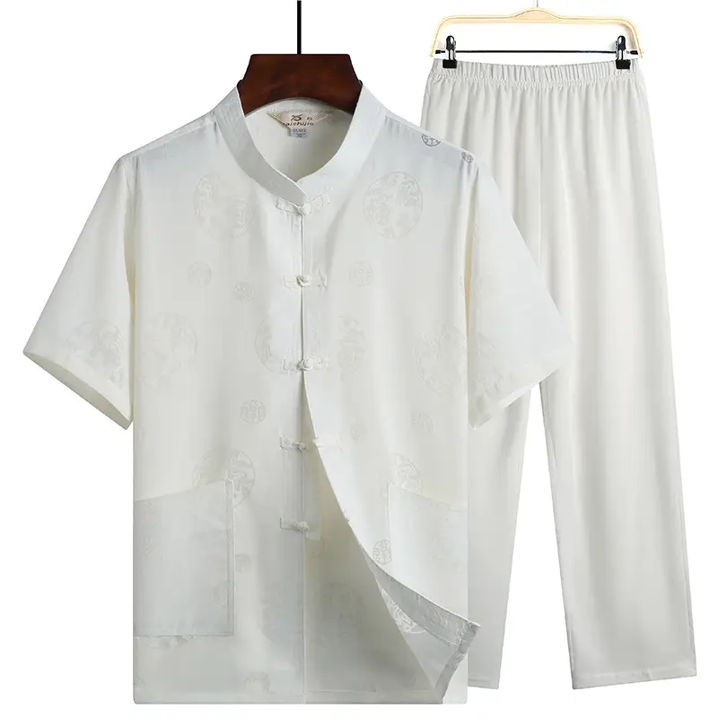 Men Linen Tang Suit Cream Retro Elderly Casual - Image 5