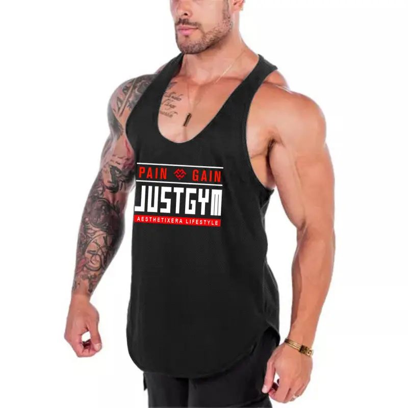 Men's Black Jersey Sports Vest Large I-Back Sleeveless T-Shirt