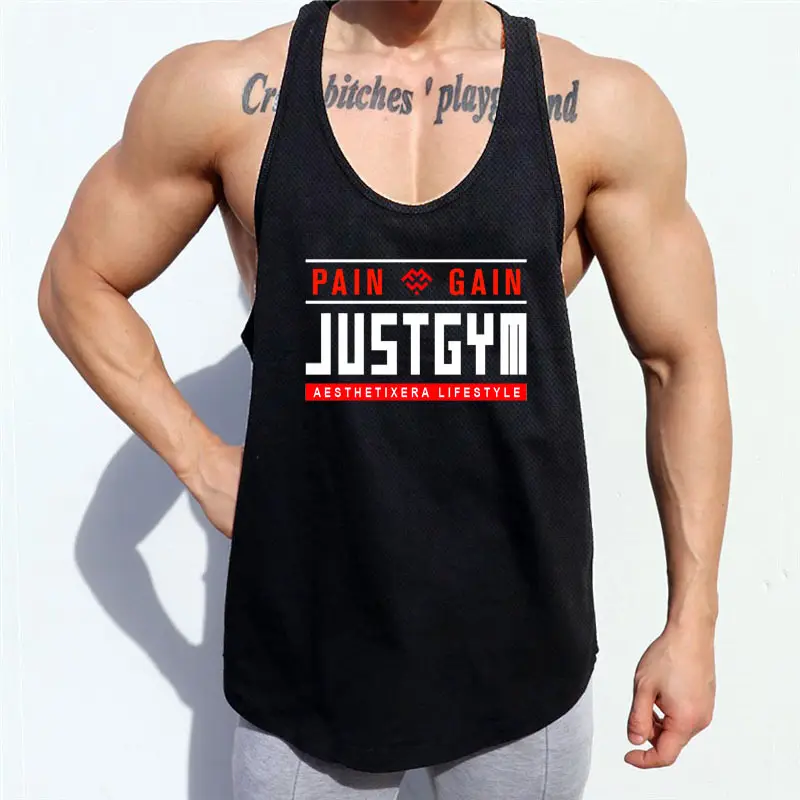 Men's Black Jersey Sports Vest Large I-Back Sleeveless T-Shirt