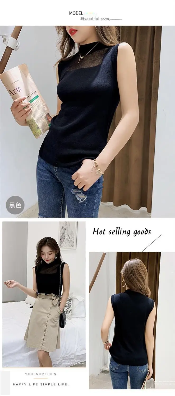 Silk Knitted Sleeveless T-Shirt Grey Round Neck — feature 13