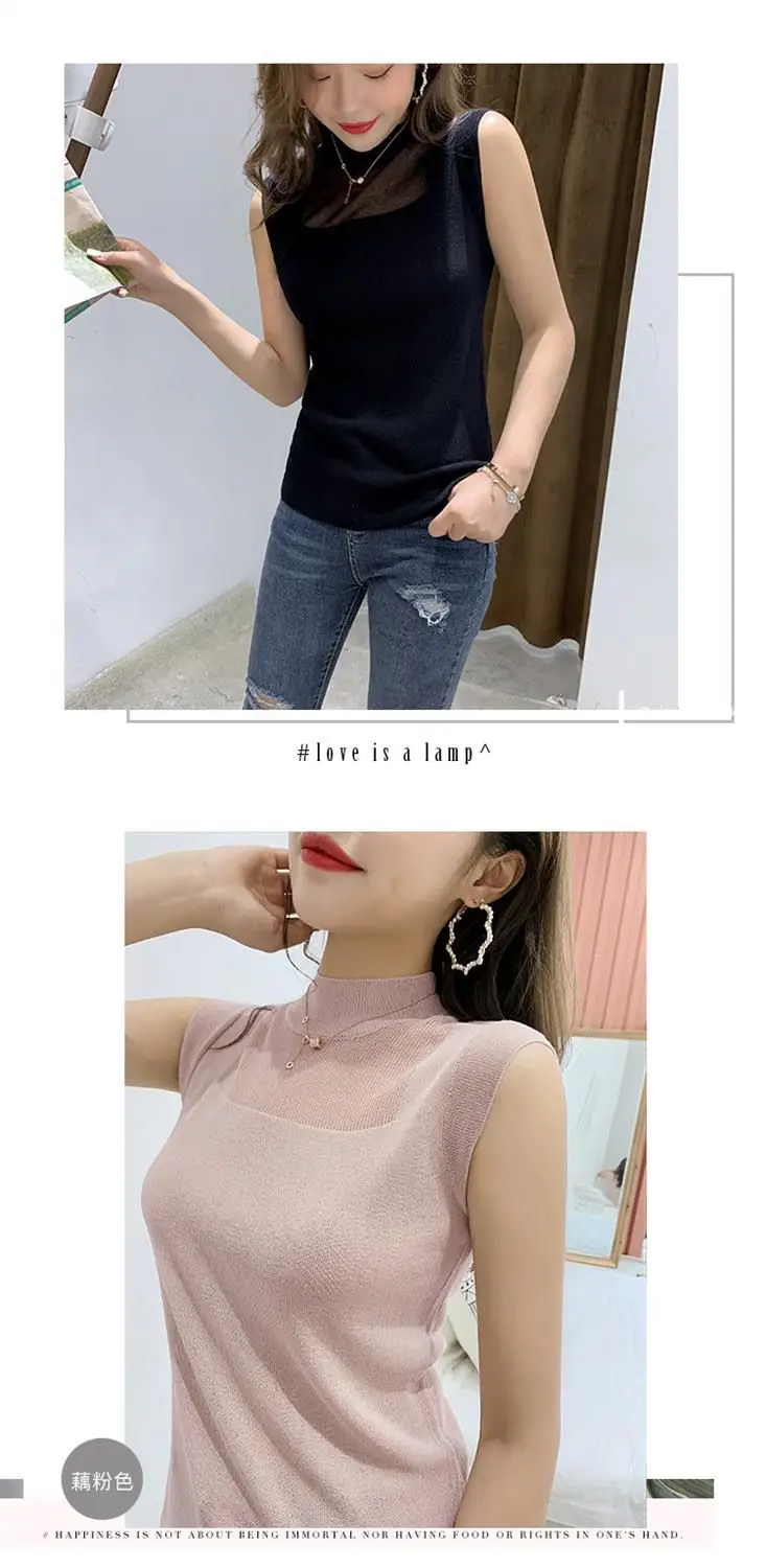 Silk Knitted Sleeveless T-Shirt Grey Round Neck — feature 14