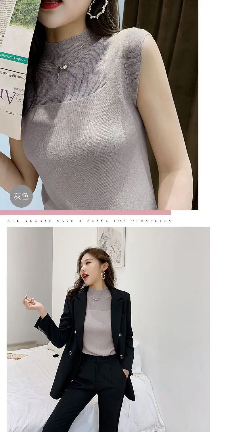 Silk Knitted Sleeveless T-Shirt Grey Round Neck — feature 16