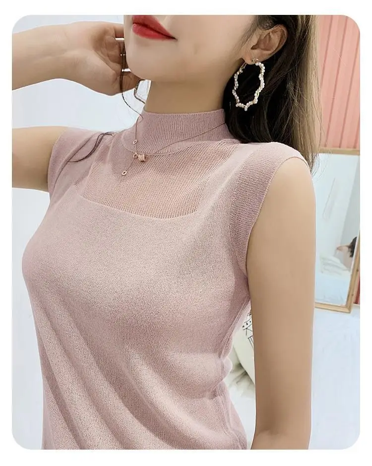 Silk Knitted Sleeveless T-Shirt Grey Round Neck — feature 7