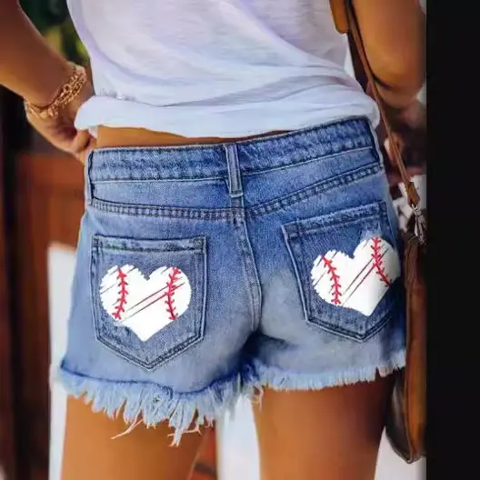 Women Ripped Tassel Denim Shorts Heart Patch 2023