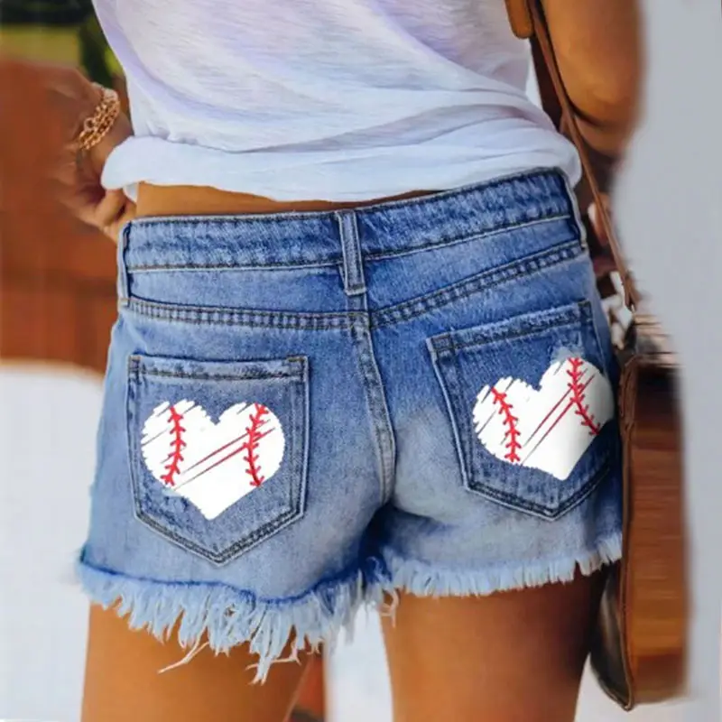 Women Ripped Tassel Denim Shorts Heart Patch 2023