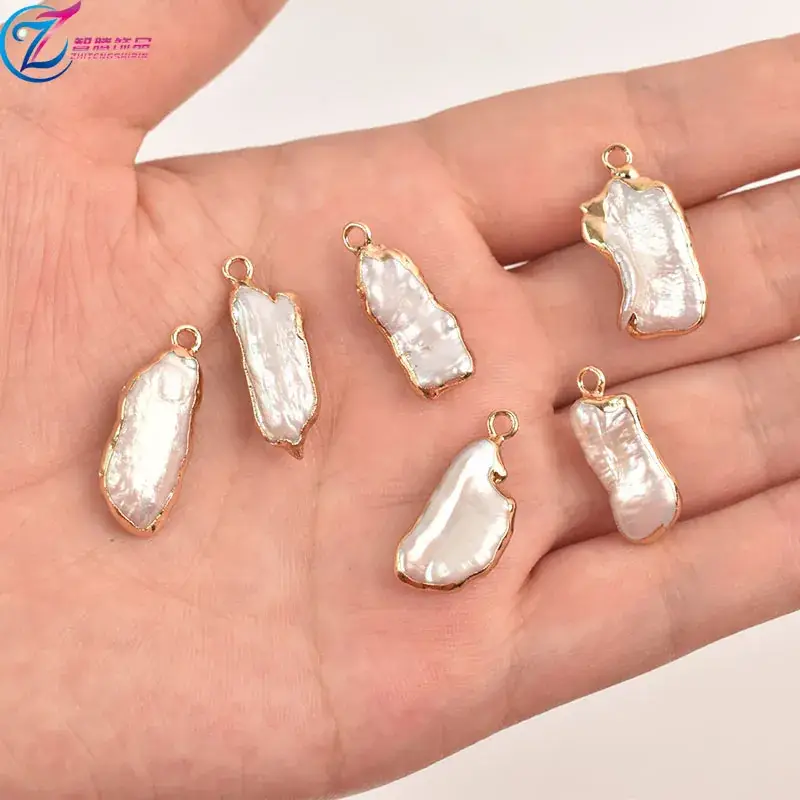 Natural Pearl Pipa Gold Edge Hanging Earrings - Image 3