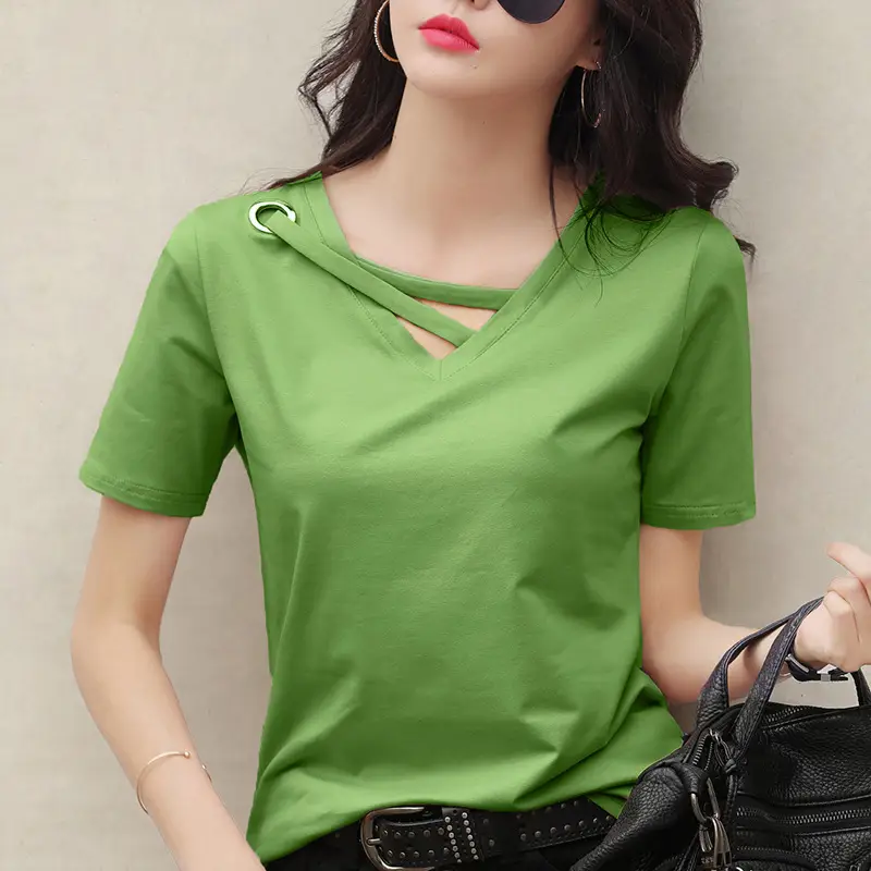 Women V-Neck T-Shirt Yellow 2025 Summer - Image 15