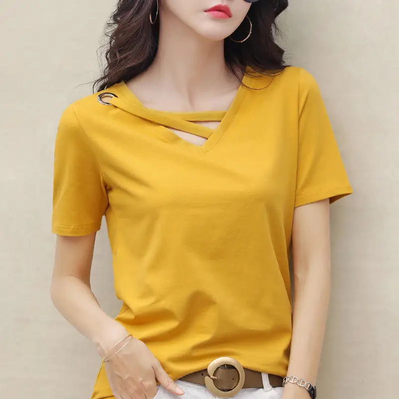 Women V-Neck T-Shirt Yellow 2025 Summer - Image 17