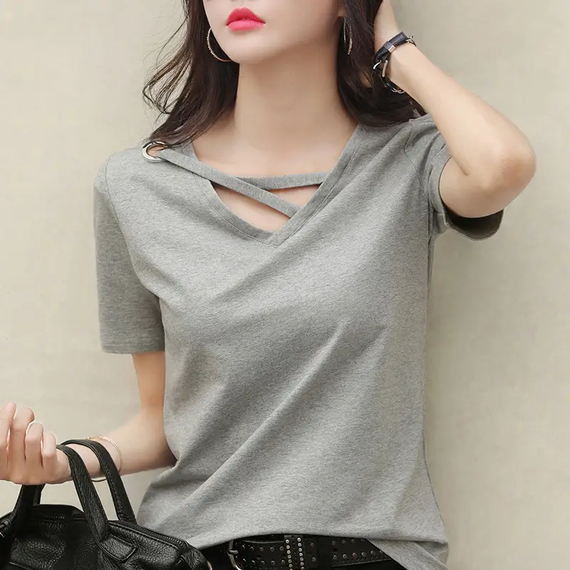 Women V-Neck T-Shirt Yellow 2025 Summer - Image 18