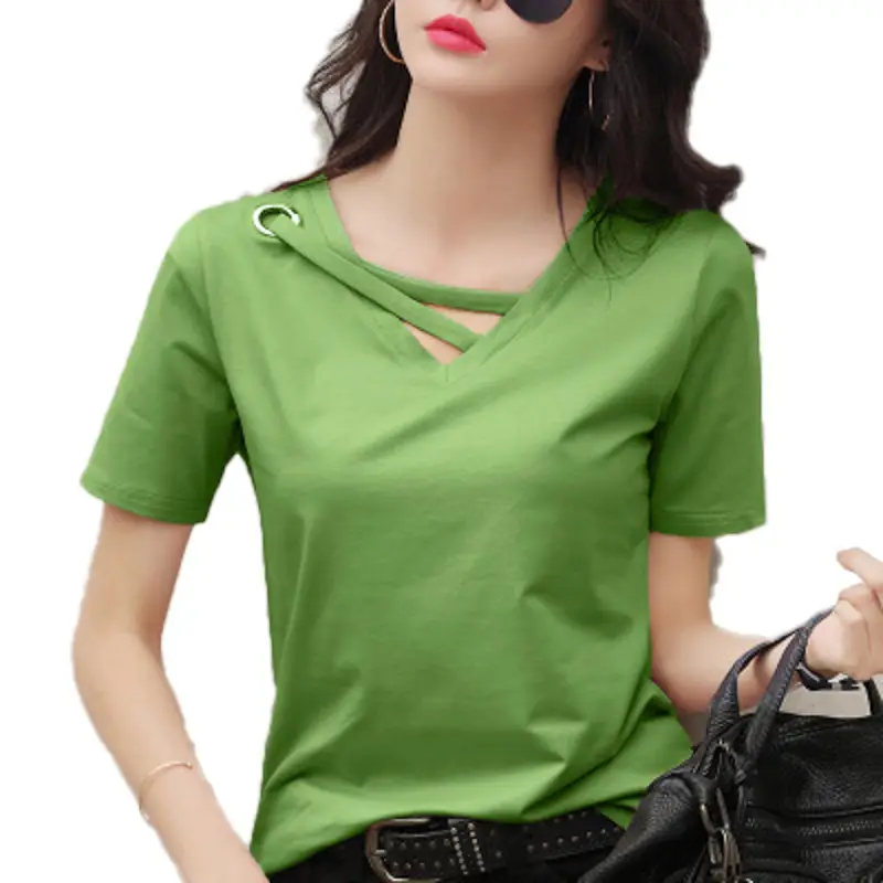 Women V-Neck T-Shirt Yellow 2025 Summer - Image 19