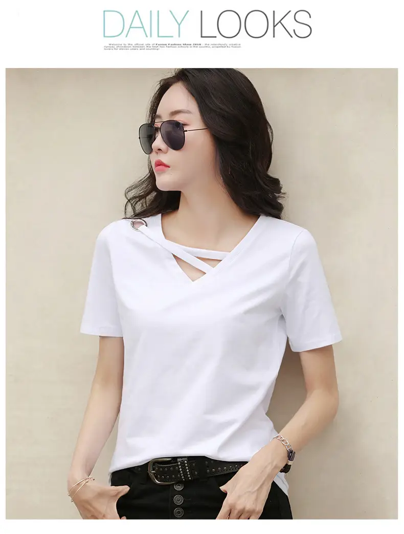 Women V-Neck T-Shirt Yellow 2025 Summer — feature 11