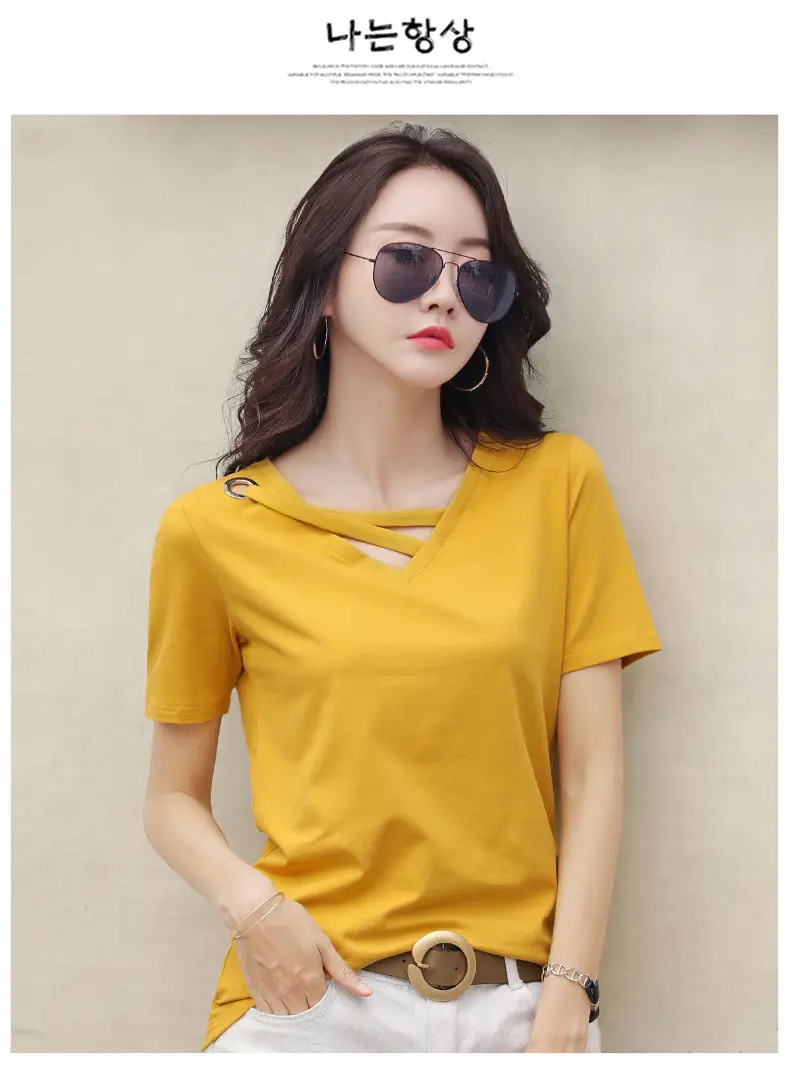 Women V-Neck T-Shirt Yellow 2025 Summer — feature 14