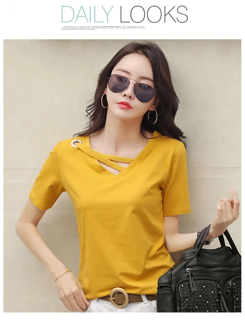 Women V-Neck T-Shirt Yellow 2025 Summer — feature 15