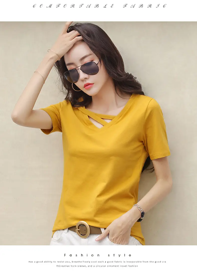 Women V-Neck T-Shirt Yellow 2025 Summer — feature 16