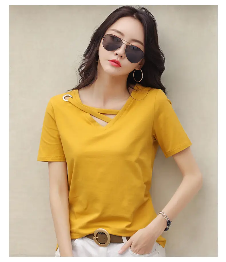 Women V-Neck T-Shirt Yellow 2025 Summer — feature 17