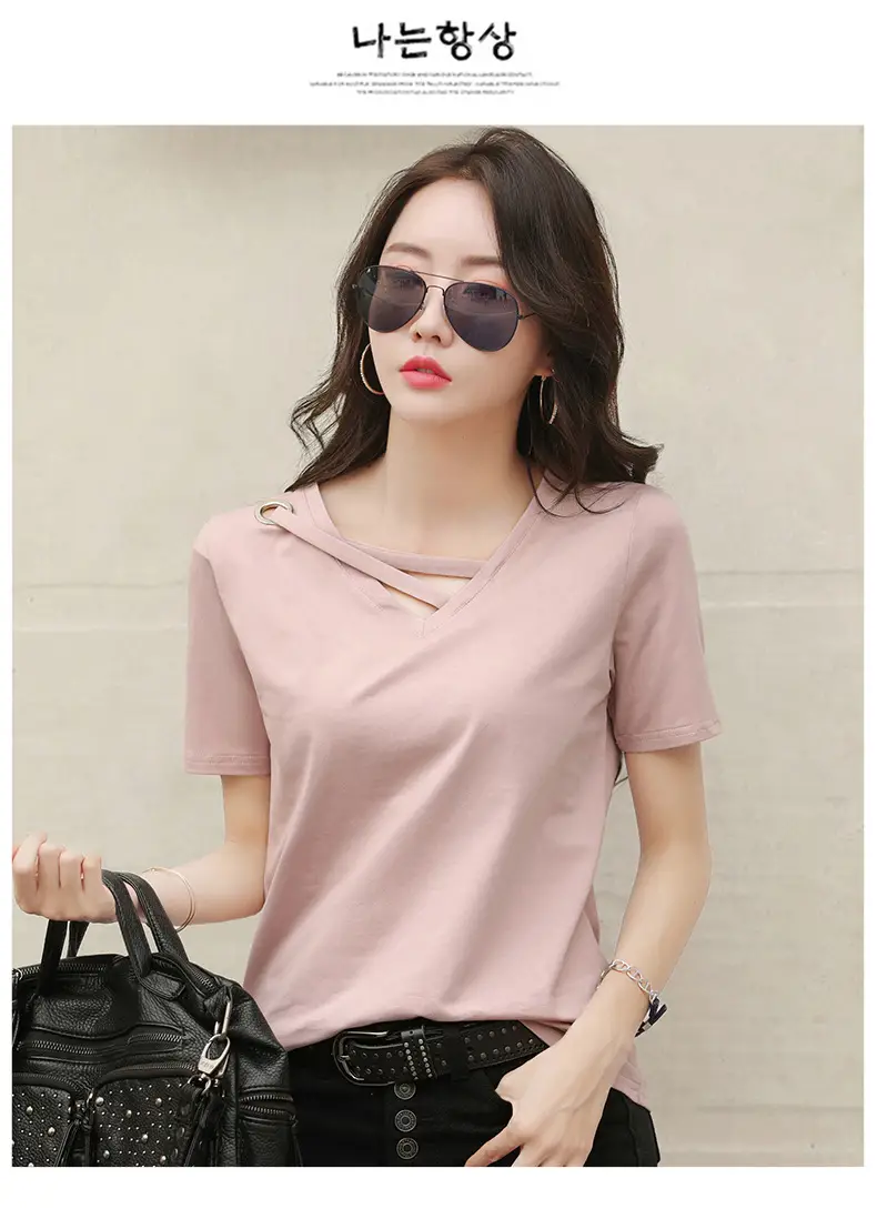 Women V-Neck T-Shirt Yellow 2025 Summer — feature 18