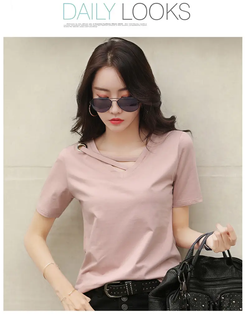 Women V-Neck T-Shirt Yellow 2025 Summer — feature 19