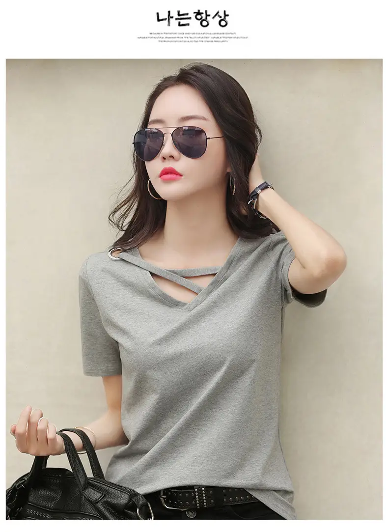 Women V-Neck T-Shirt Yellow 2025 Summer — feature 22