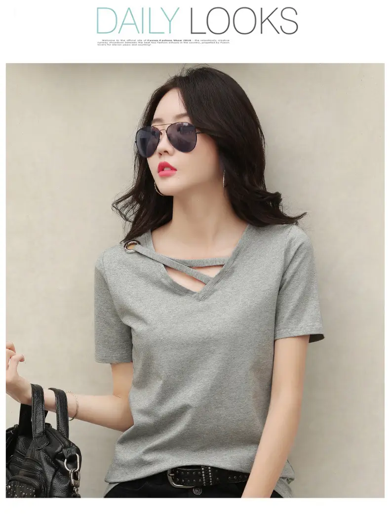 Women V-Neck T-Shirt Yellow 2025 Summer — feature 23