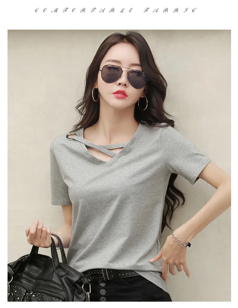 Women V-Neck T-Shirt Yellow 2025 Summer — feature 24