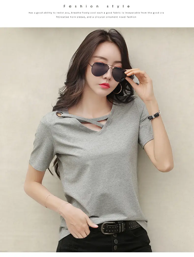 Women V-Neck T-Shirt Yellow 2025 Summer — feature 25