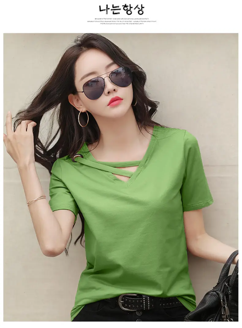 Women V-Neck T-Shirt Yellow 2025 Summer — feature 26