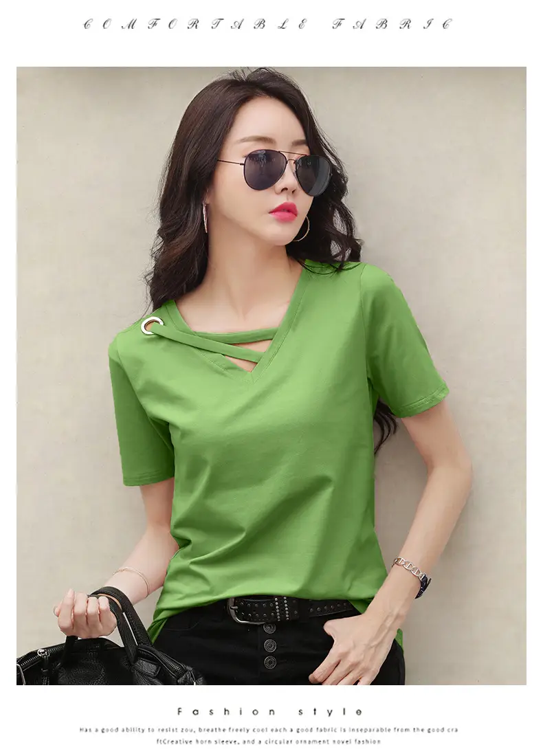 Women V-Neck T-Shirt Yellow 2025 Summer — feature 28
