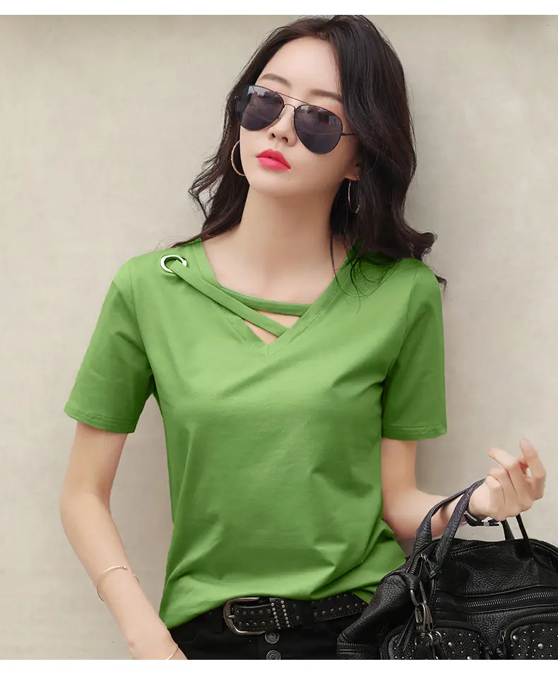 Women V-Neck T-Shirt Yellow 2025 Summer — feature 29