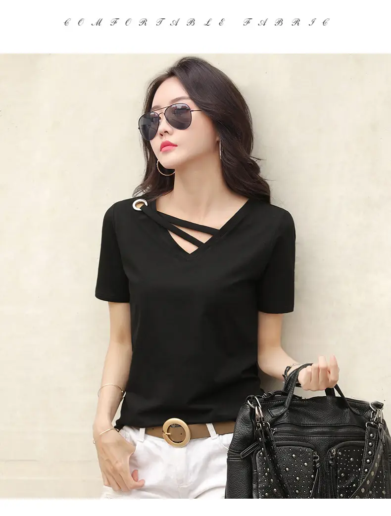 Women V-Neck T-Shirt Yellow 2025 Summer — feature 8
