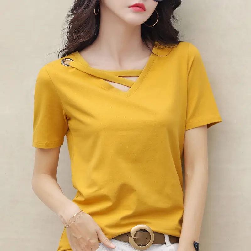 Women V-Neck T-Shirt Yellow 2025 Summer - Image 12