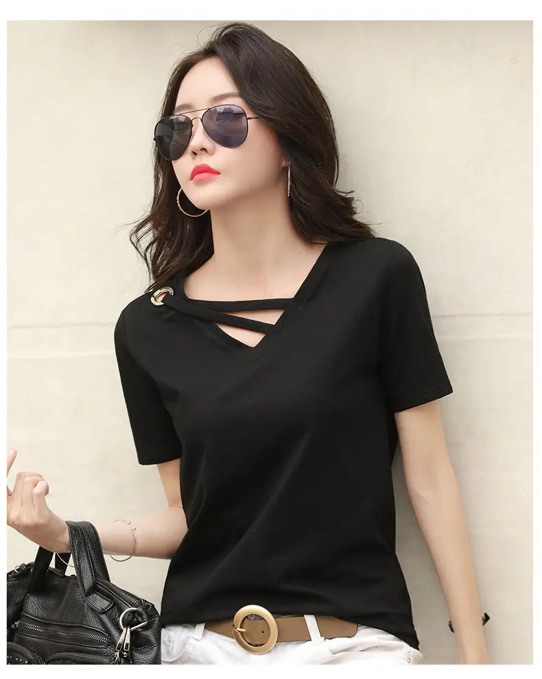 Women V-Neck T-Shirt Yellow 2025 Summer - Image 4