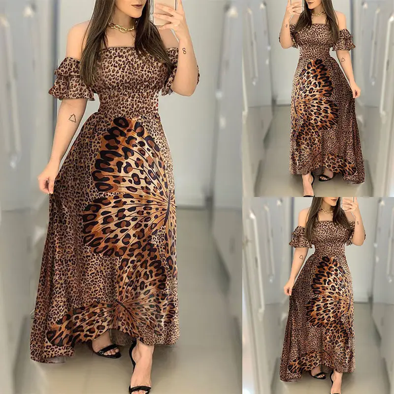 Off-Shoulder Leopard Print Evening Dress Large - Image 2