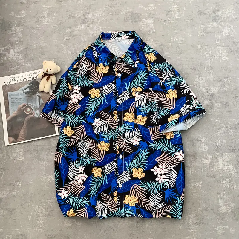 Hawaiian Printed Short Sleeve Shirt Blue Floral Men Women - Image 5
