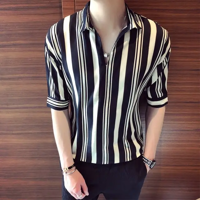 Men Striped Half Sleeve Shirt Korean Style Loose Fit - Image 5