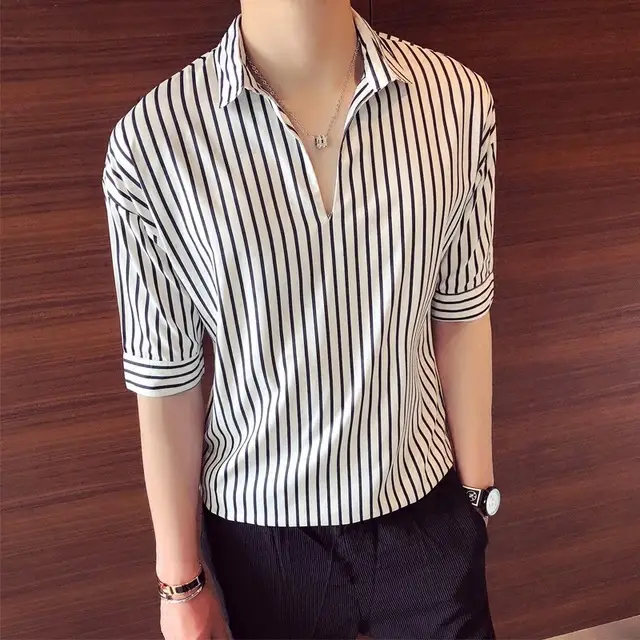 Men Striped Half Sleeve Shirt Korean Style Loose Fit - Image 6